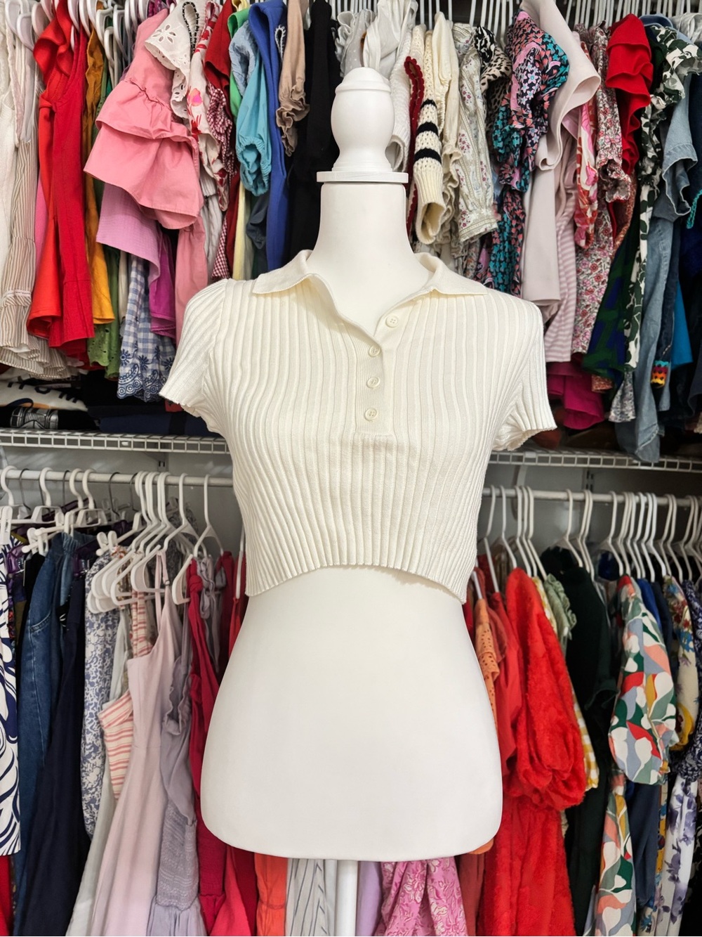 Brandy Melville White Ribbed Collared Crop Top